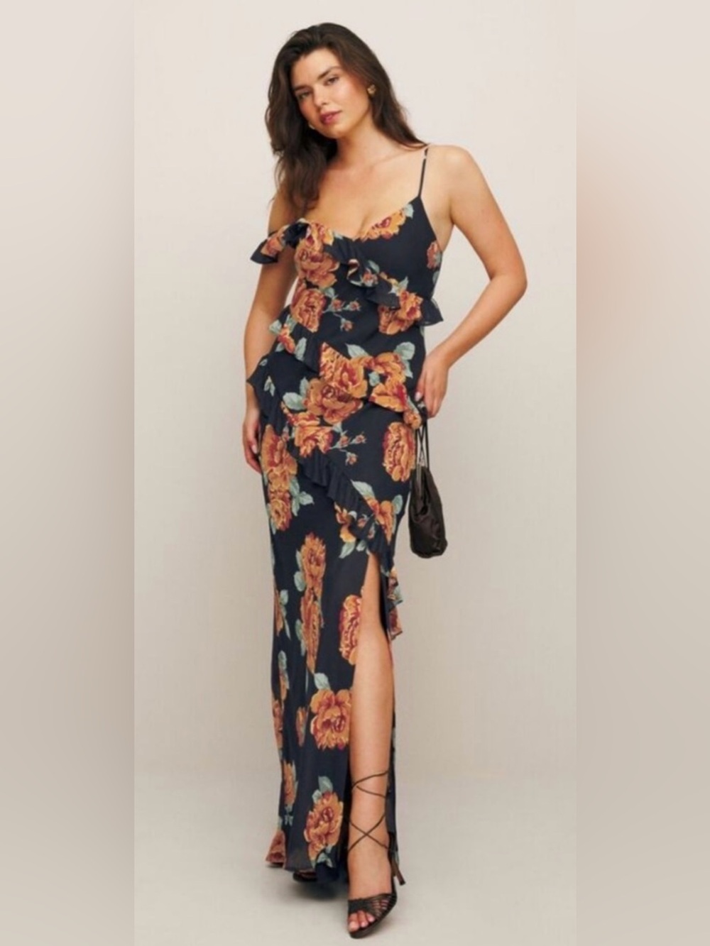 NWT Reformation Elysia Dress Black with Orange Floral and Ruffles - Size 2